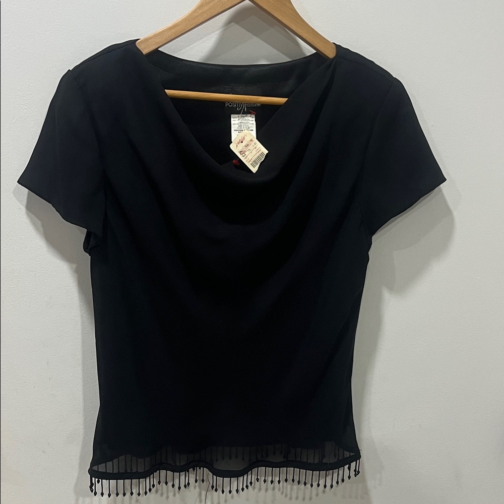 Positive Attitude Black Beaded Hem Draped-Neck Blouse